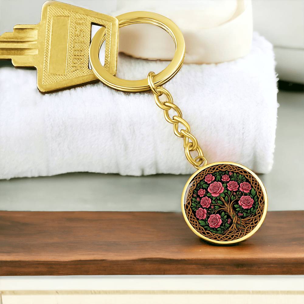 Celtic Tree of Life Pendant Keychain - Rose June Birth Flower Jewelry