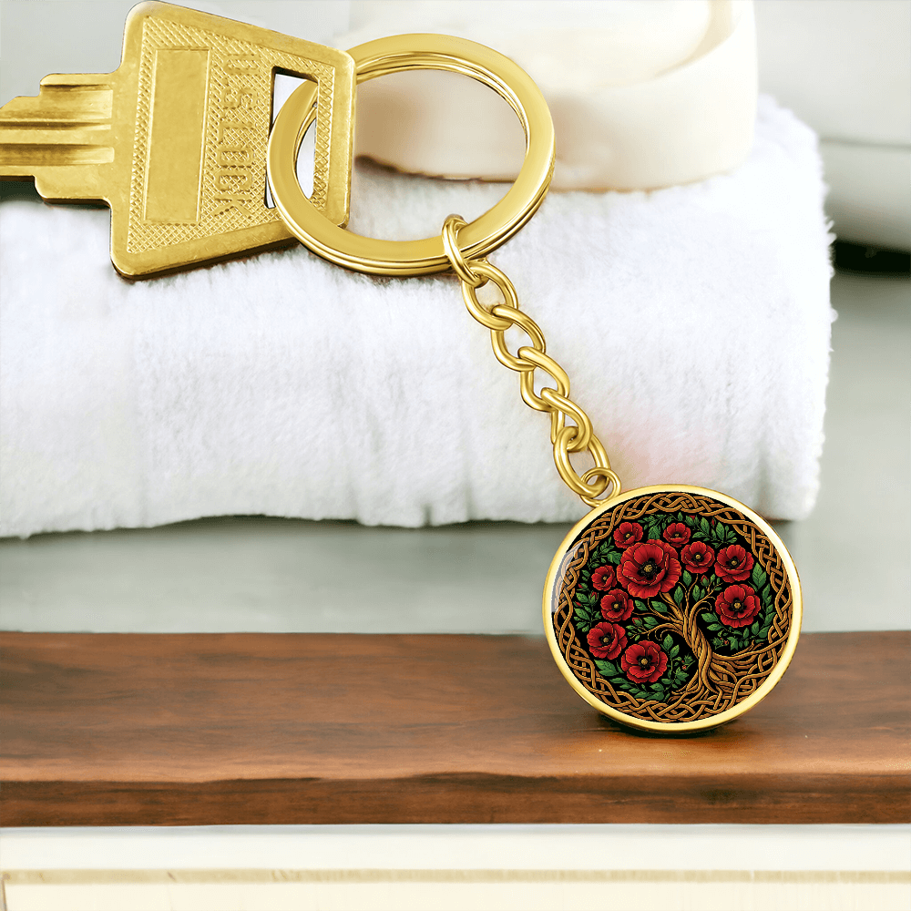 Celtic Tree of Life Pendant Keychain - Poppy August Birth Flower Jewelry
