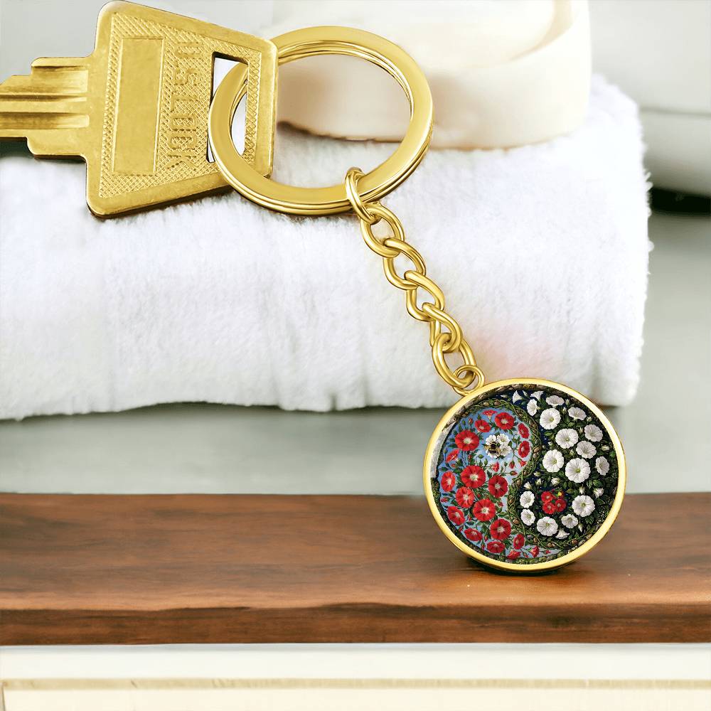 Red and White Morning Glory Yin Yang Keychain - September Birth Month Flower Pendant Jewelry