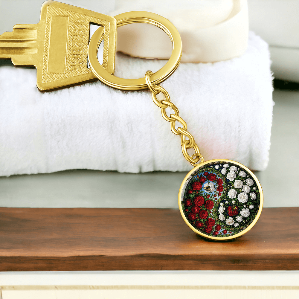 Rose Yin Yang Keychain - June Birth Month Flower Pendant Jewelry