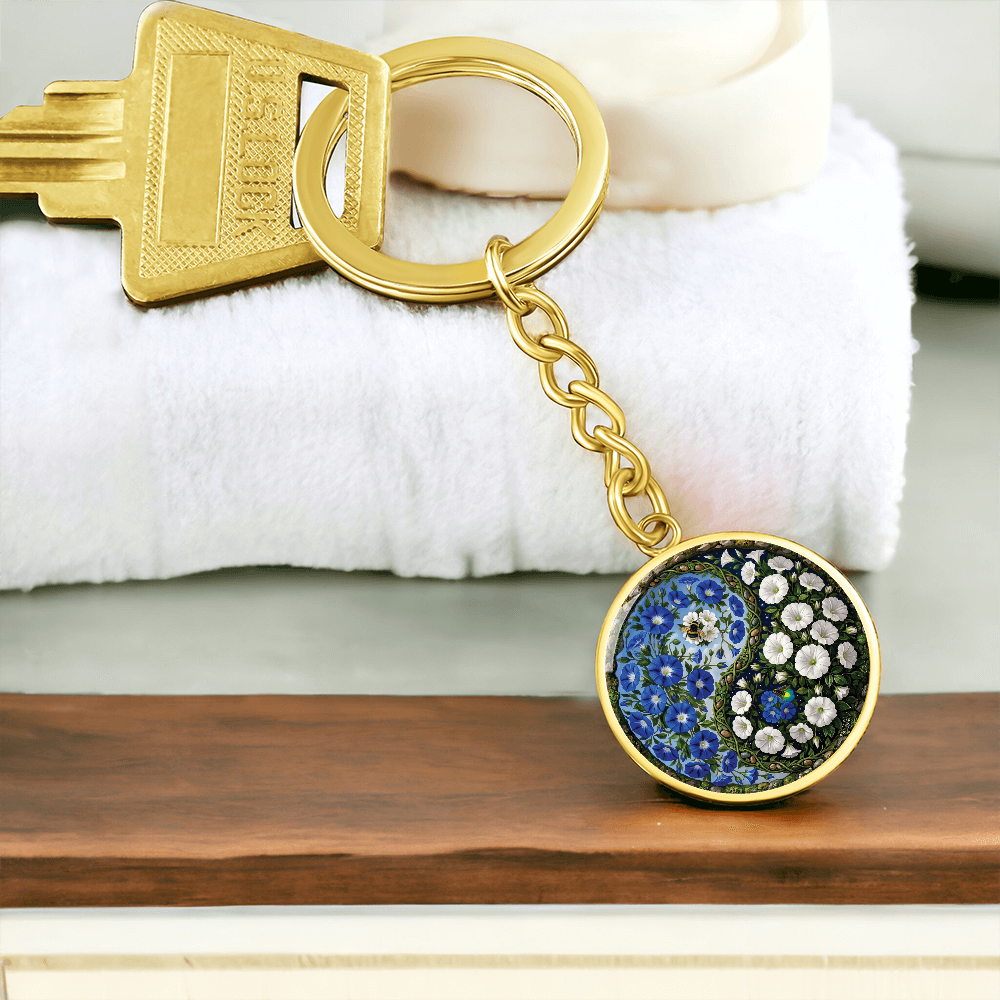 Morning Glory Yin Yang Keychain - September Birth Month Flower Pendant Jewelry