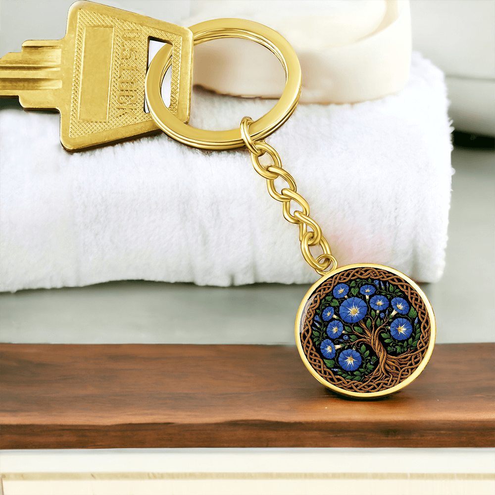 Celtic Tree of Life Pendant Keychain - Morning Glory September Birth Flower Jewelry