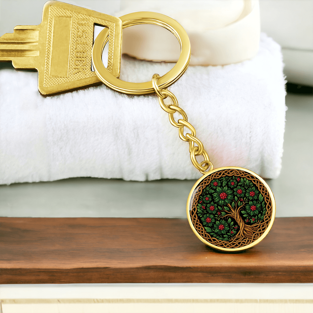 Celtic Tree of Life Pendant Keychain - Holly December Birth Flower Jewelry