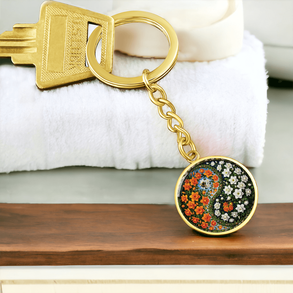 Daffodil Yin Yang Keychain - March Birth Month Flower Pendant Jewelry