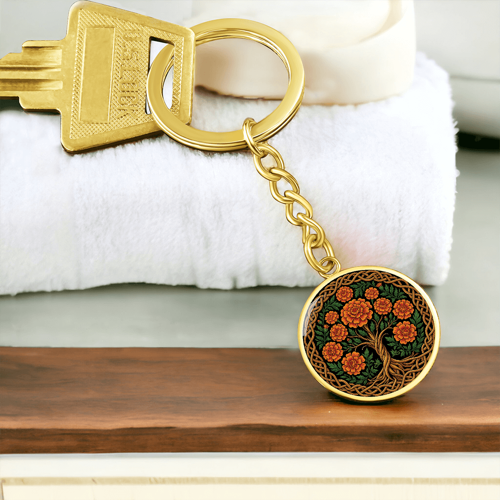 Celtic Tree of Life Pendant Keychain - Marigold October Birth Flower Jewelry