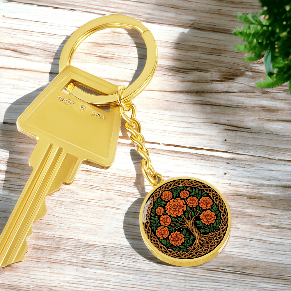 Celtic Tree of Life Pendant Keychain - Marigold October Birth Flower Jewelry