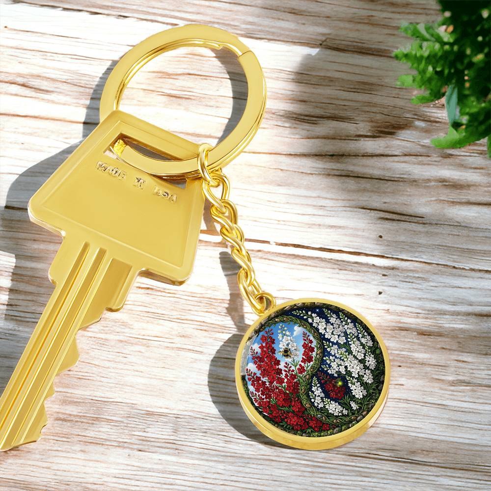 Larkspur Yin Yang Keychain - July Birth Month Flower Pendant Jewelry