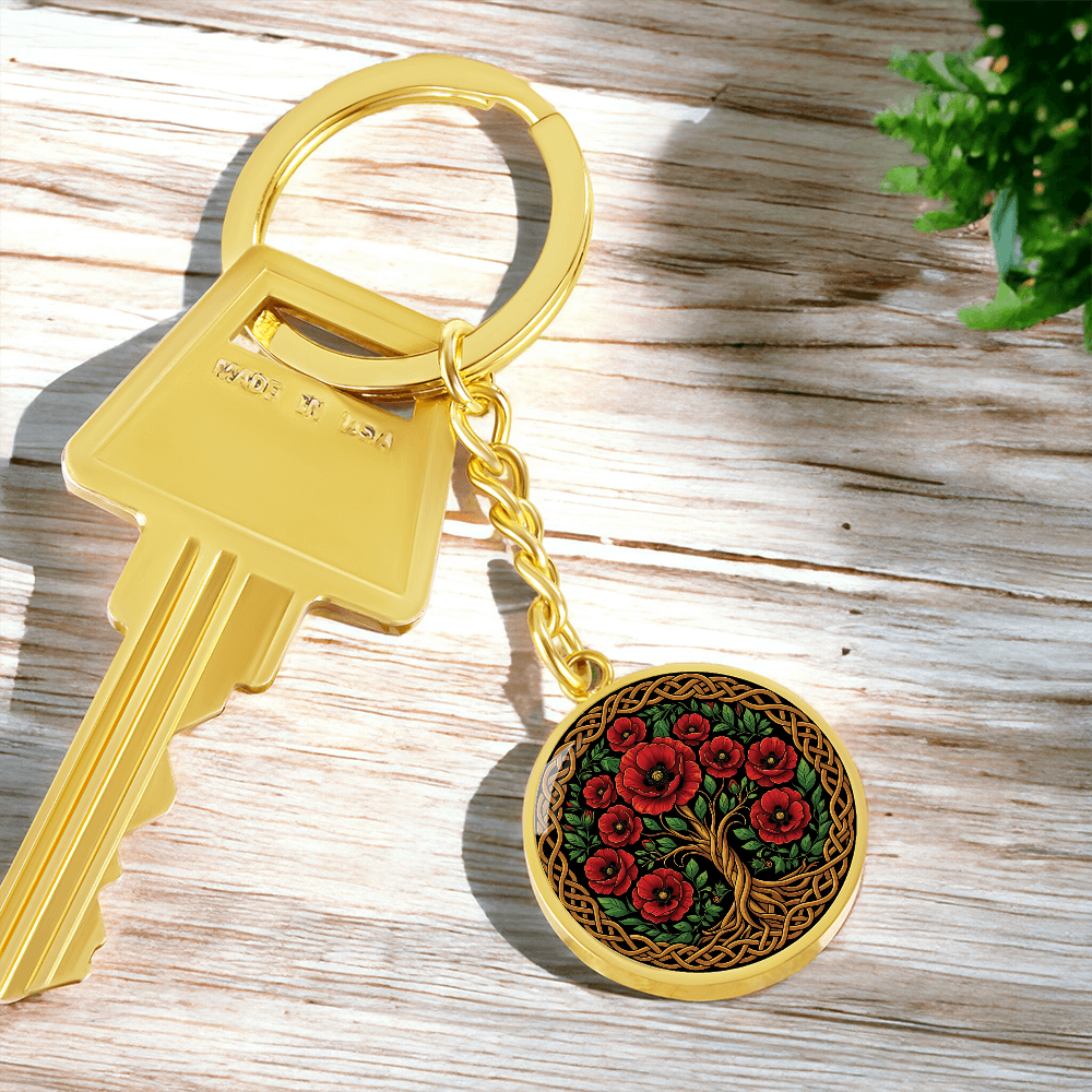 Celtic Tree of Life Pendant Keychain - Poppy August Birth Flower Jewelry
