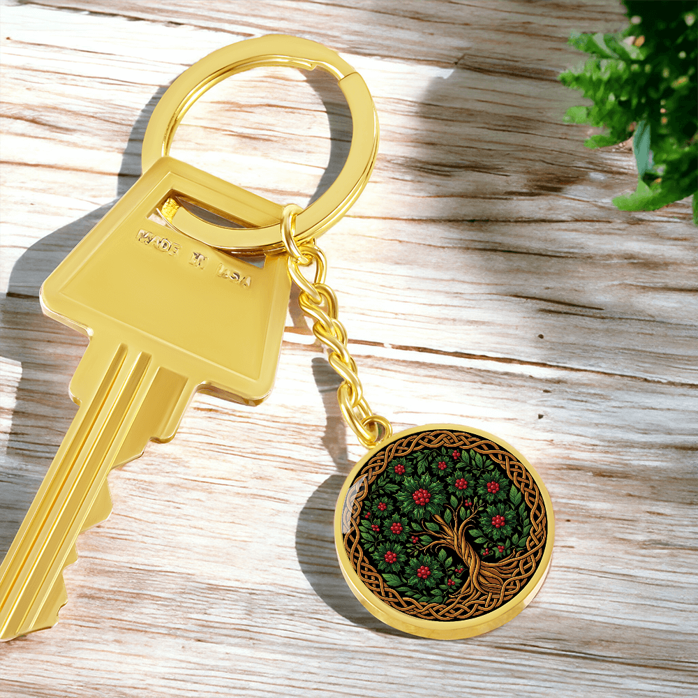 Celtic Tree of Life Pendant Keychain - Holly December Birth Flower Jewelry