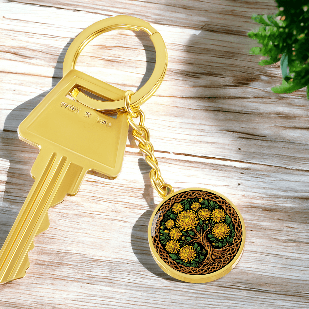 Celtic Tree of Life Pendant Keychain - Chrysanthemum November Birth Flower Jewelry