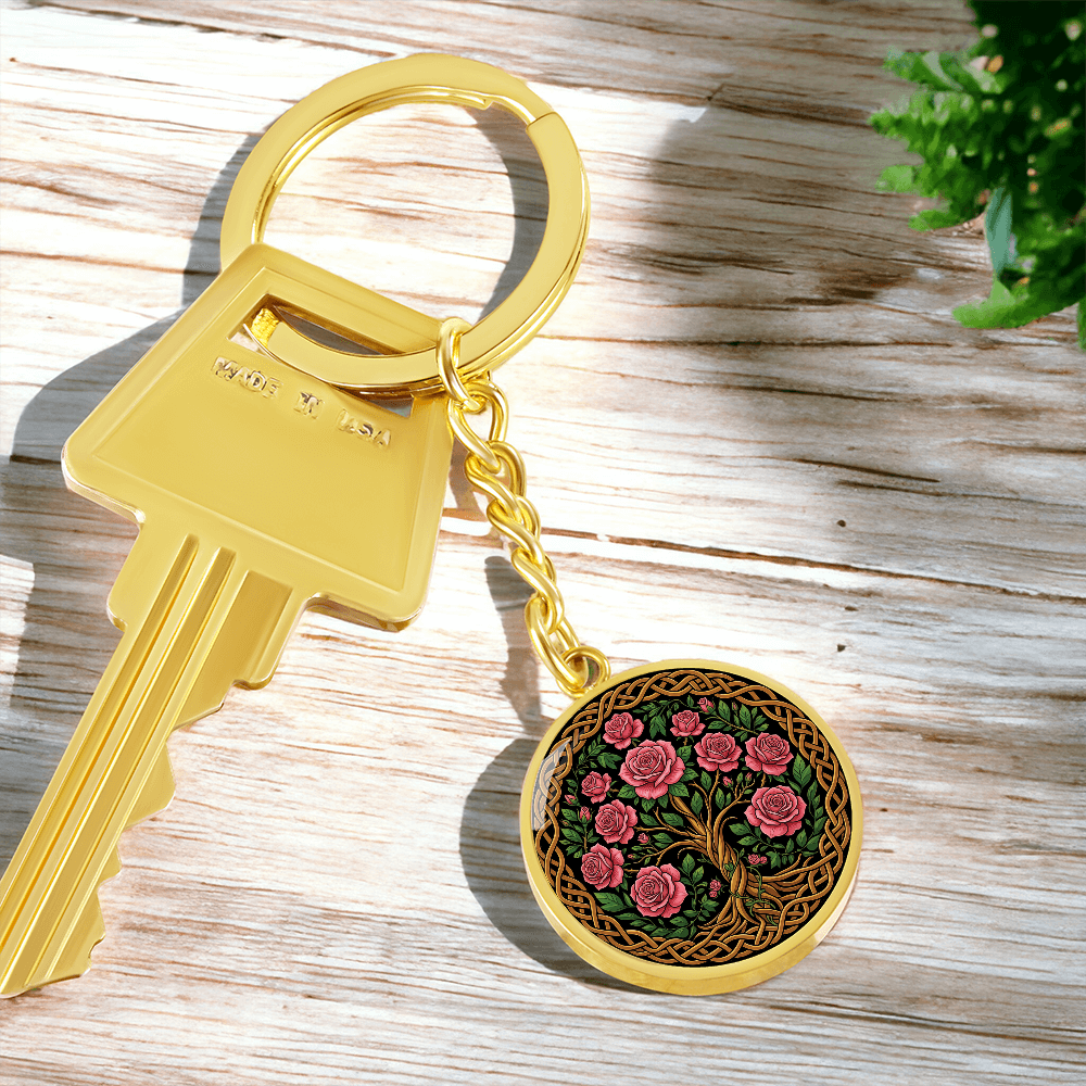 Celtic Tree of Life Pendant Keychain - Rose June Birth Flower Jewelry