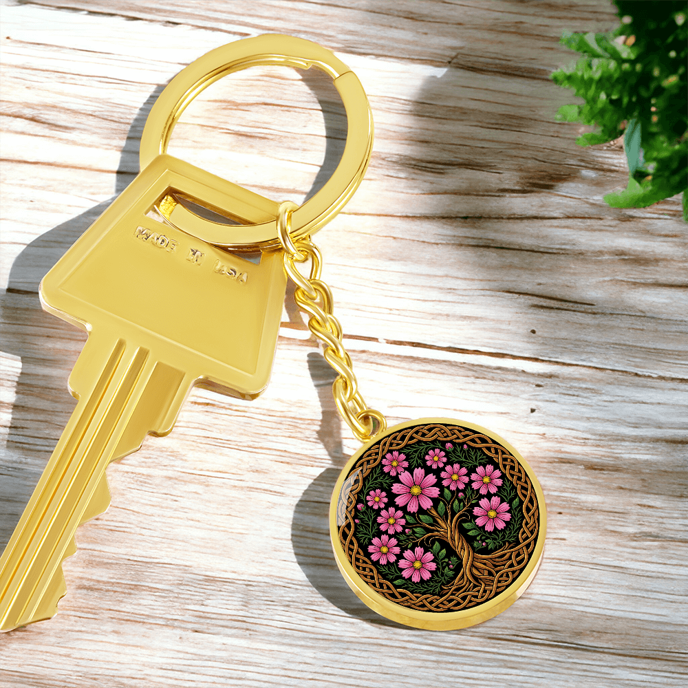 Celtic Tree of Life Pendant Keychain - Cosmos October Birth Flower Jewelry
