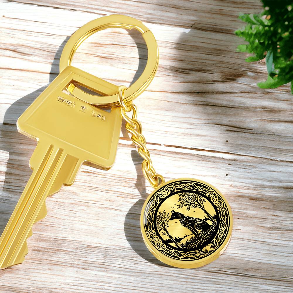 An Elegant Gold pendant Celtic Wolf Keychain with a Gold and Black background. This jewelry offers personalization with an engraving option for a name.