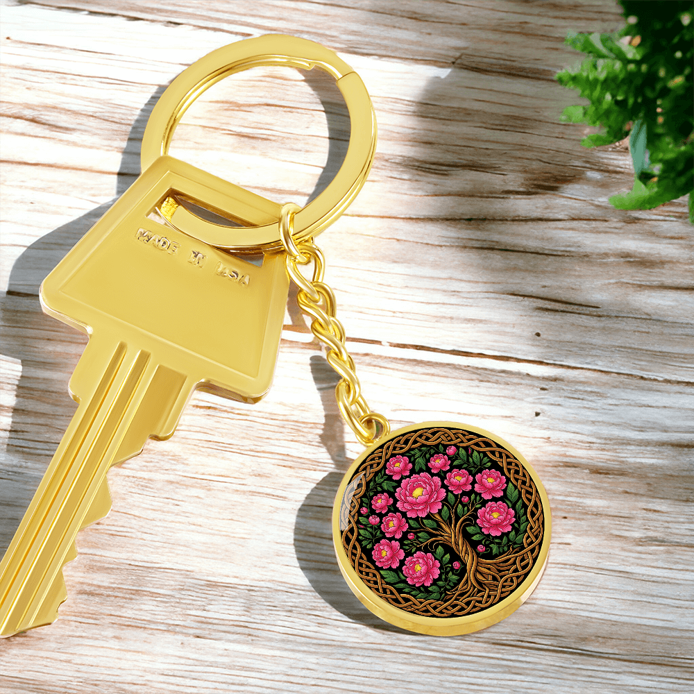 Celtic Tree of Life Pendant Keychain - Peony November Birth Flower Jewelry