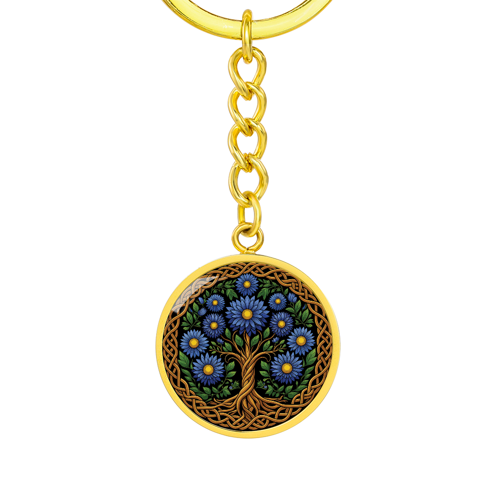 Celtic Tree of Life Pendant Keychain - Aster September Birth Flower Jewelry
