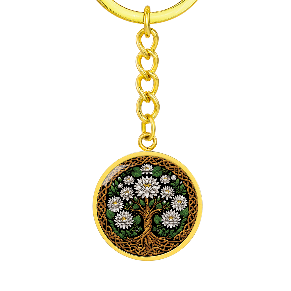 Celtic Tree of Life Pendant Keychain - Water Lily July Birth Flower Jewelry