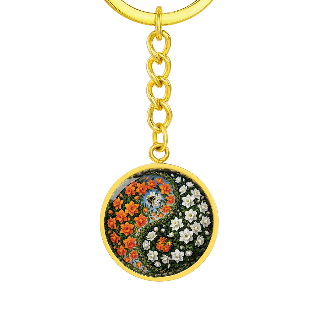 Daffodil Yin Yang Keychain - March Birth Month Flower Pendant Jewelry