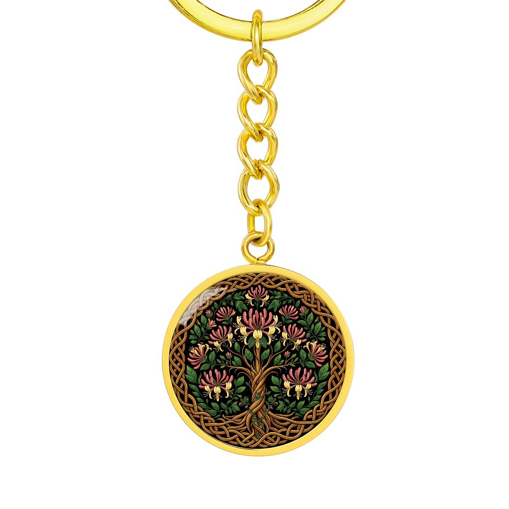 Celtic Tree of Life Pendant Keychain - Honeysuckle June Birth Flower Jewelry
