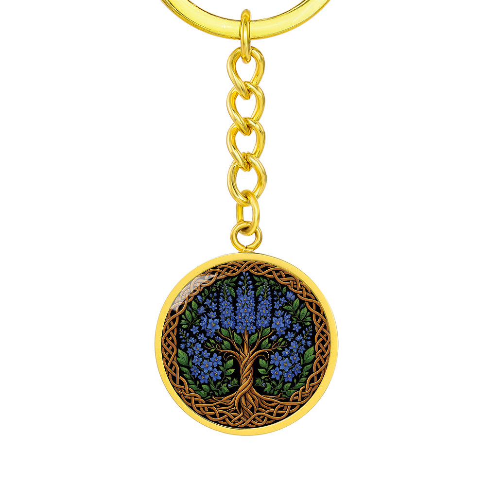 Celtic Tree of Life Pendant Keychain - Larkspur July Birth Flower Jewelry
