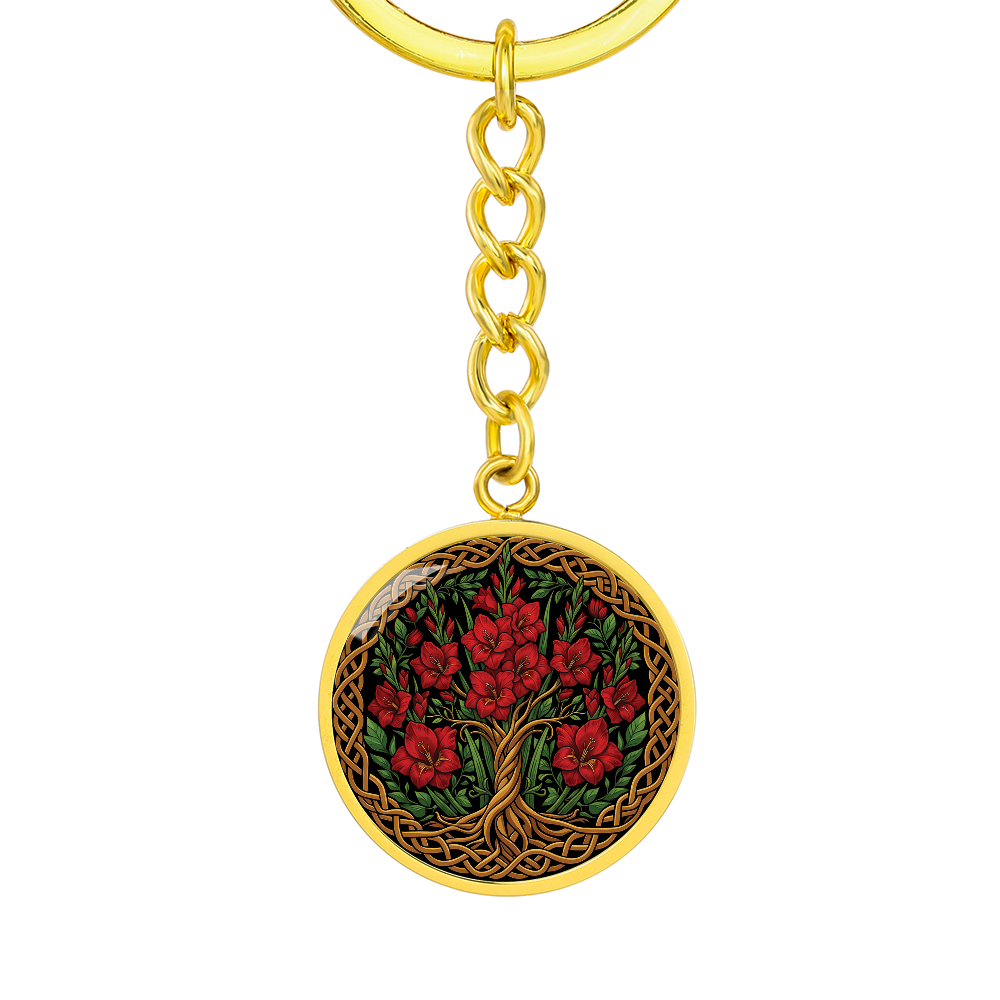 Celtic Tree of Life Pendant Keychain - Gladiolus August Birth Flower Jewelry
