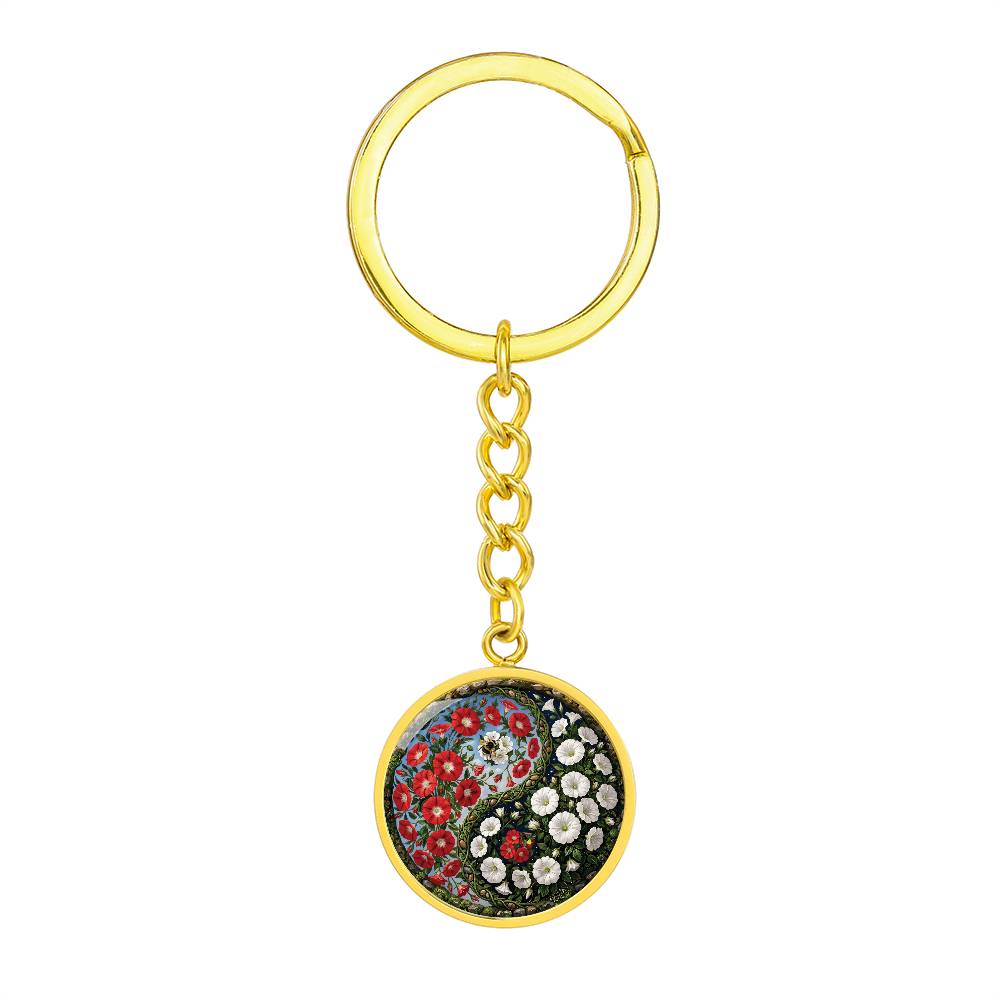 Red and White Morning Glory Yin Yang Keychain - September Birth Month Flower Pendant Jewelry