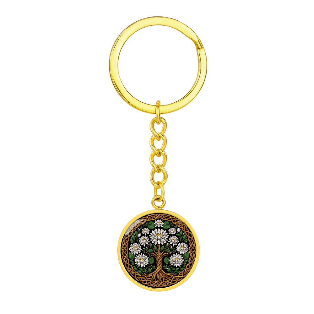 Celtic Tree of Life Pendant Keychain - Water Lily July Birth Flower Jewelry