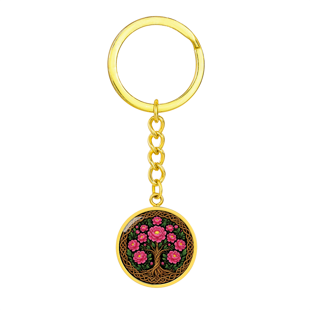 Celtic Tree of Life Pendant Keychain - Peony November Birth Flower Jewelry