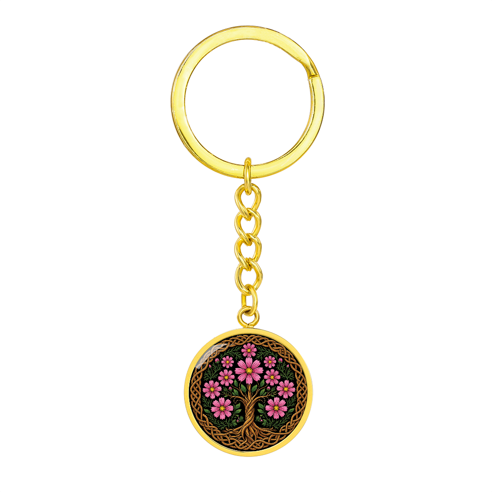 Celtic Tree of Life Pendant Keychain - Cosmos October Birth Flower Jewelry