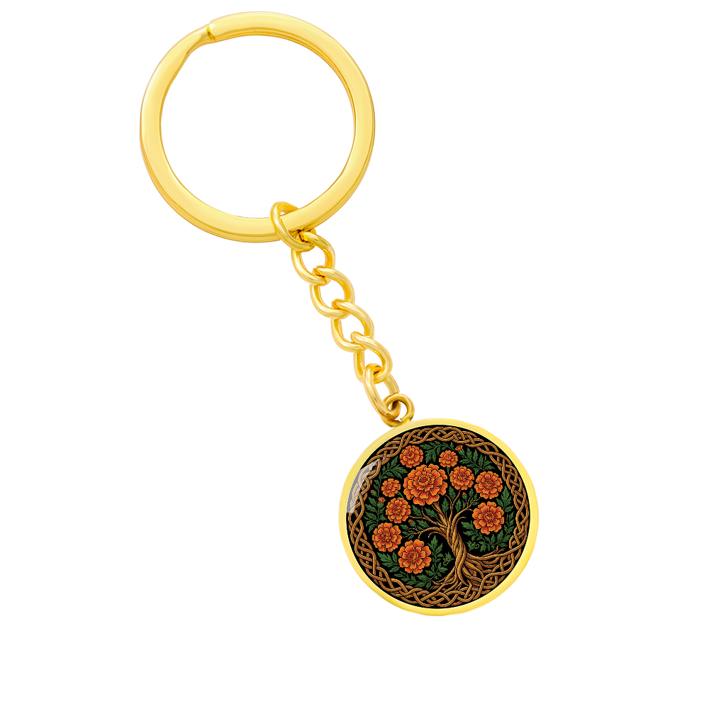 Celtic Tree of Life Pendant Keychain - Marigold October Birth Flower Jewelry