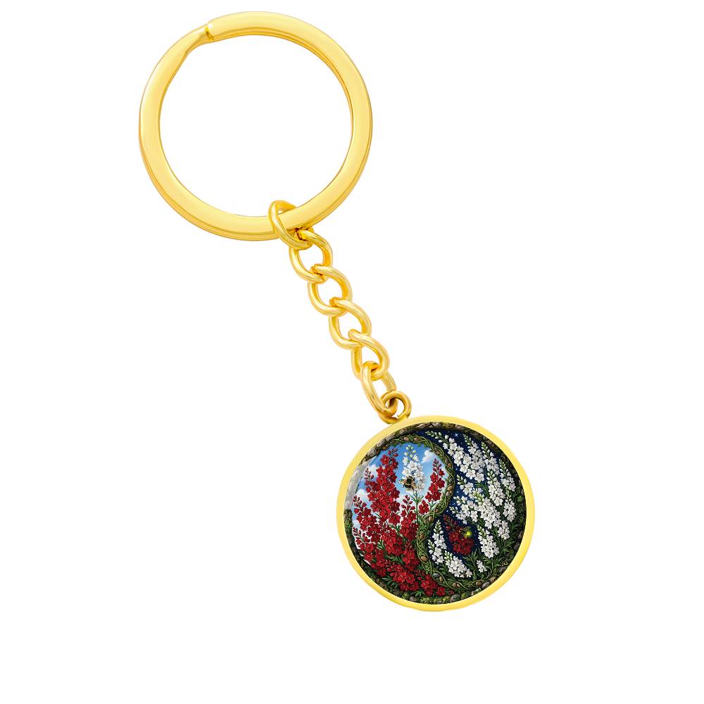 Larkspur Yin Yang Keychain - July Birth Month Flower Pendant Jewelry