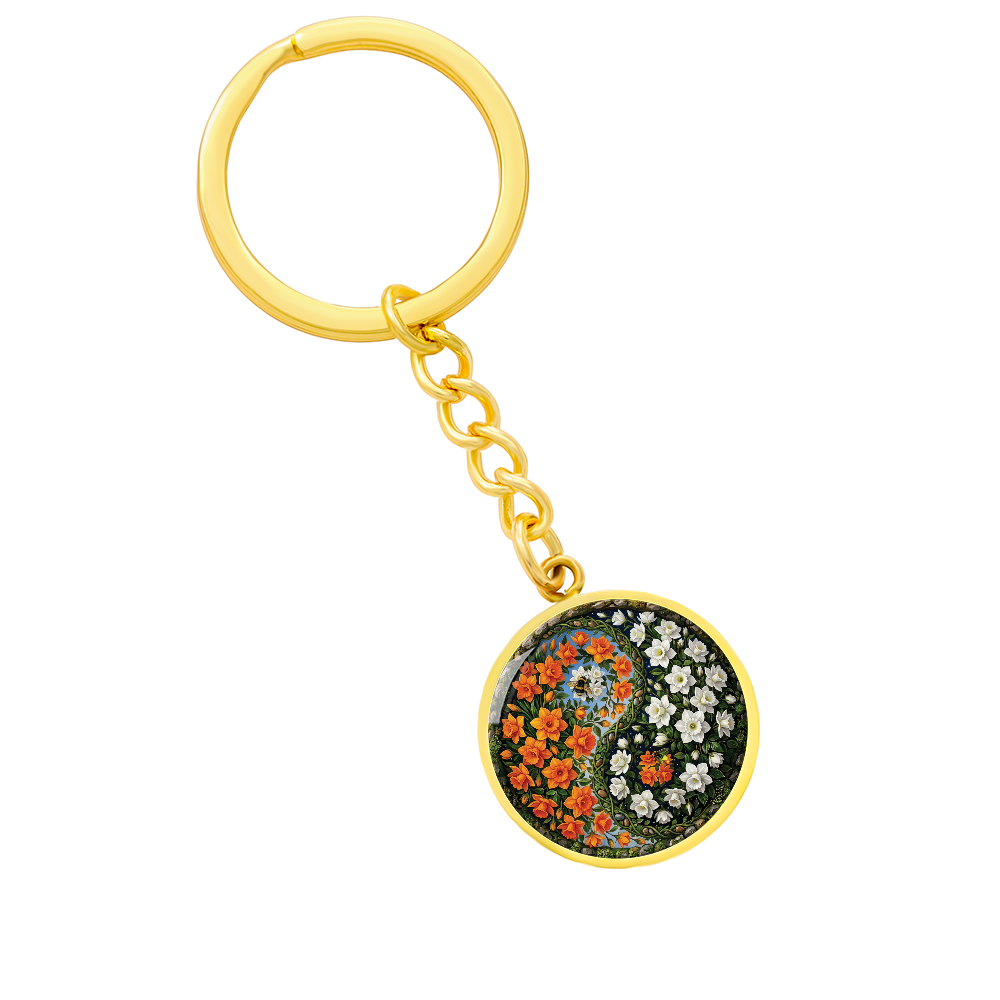 Daffodil Yin Yang Keychain - March Birth Month Flower Pendant Jewelry
