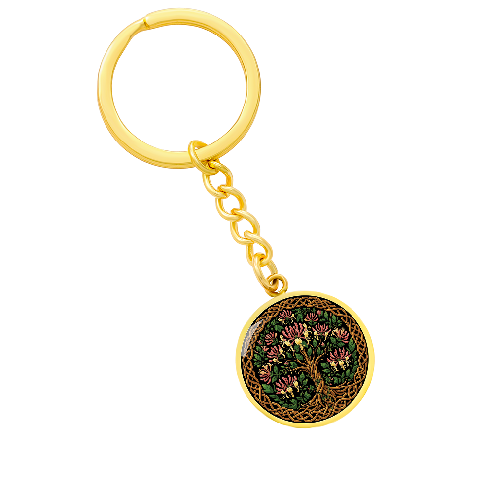 Celtic Tree of Life Pendant Keychain - Honeysuckle June Birth Flower Jewelry
