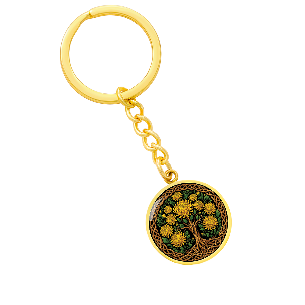 Celtic Tree of Life Pendant Keychain - Chrysanthemum November Birth Flower Jewelry