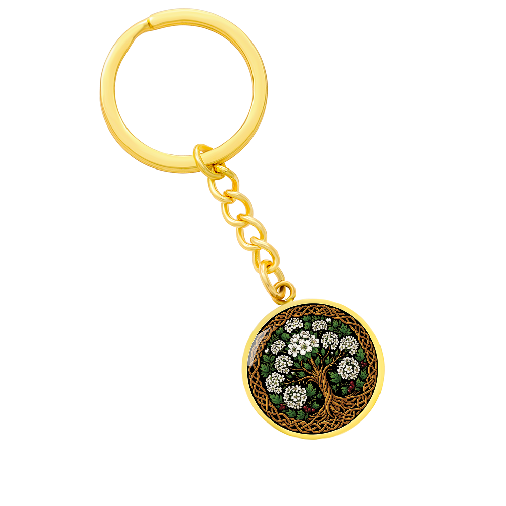 Celtic Tree of Life Pendant Keychain - Hawthorn May Birth Flower Jewelry