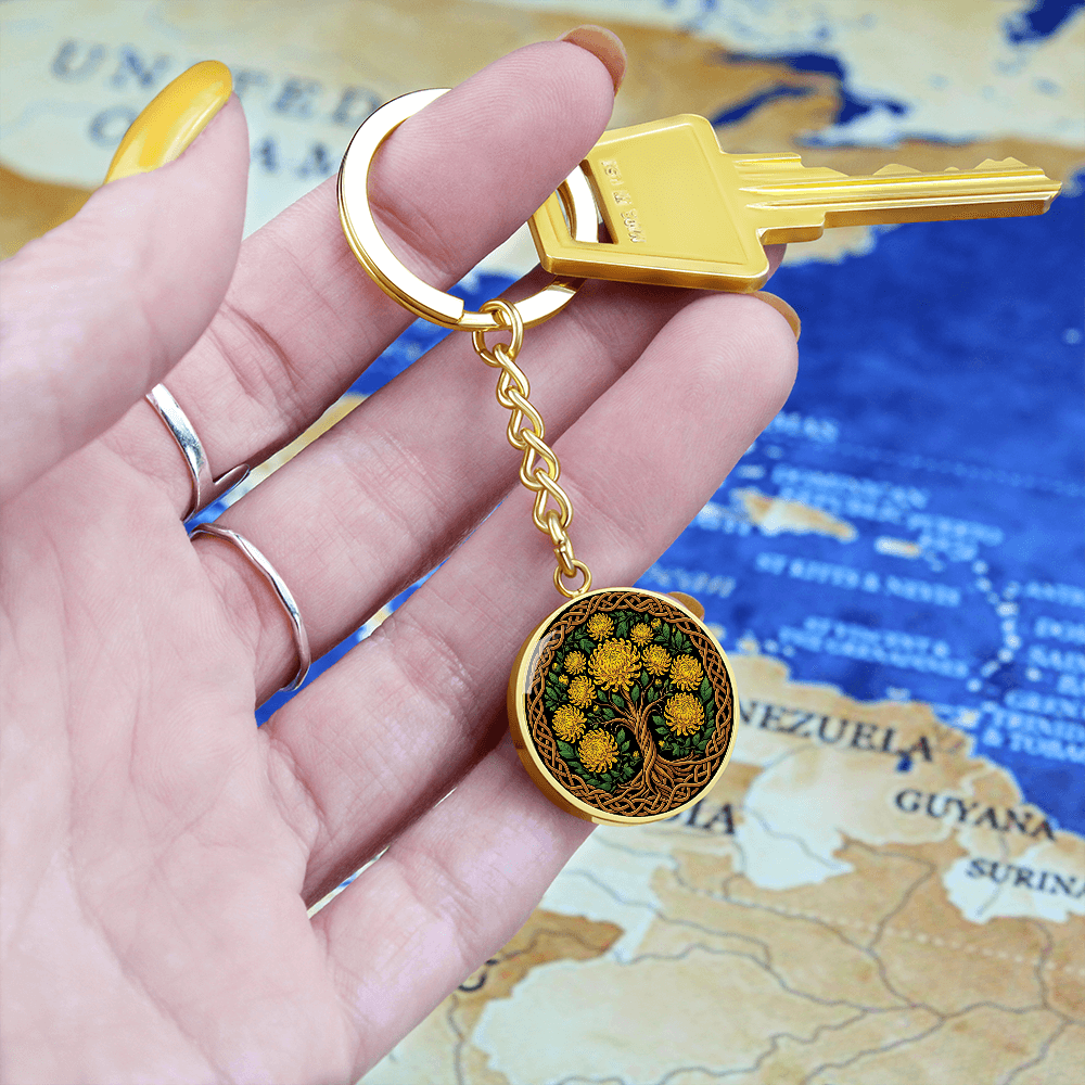 Celtic Tree of Life Pendant Keychain - Chrysanthemum November Birth Flower Jewelry