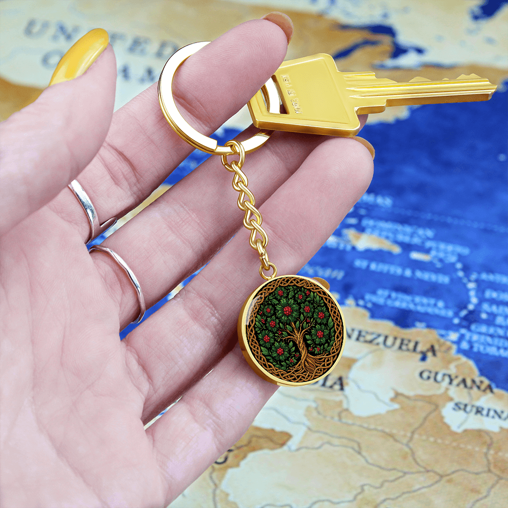 Celtic Tree of Life Pendant Keychain - Holly December Birth Flower Jewelry