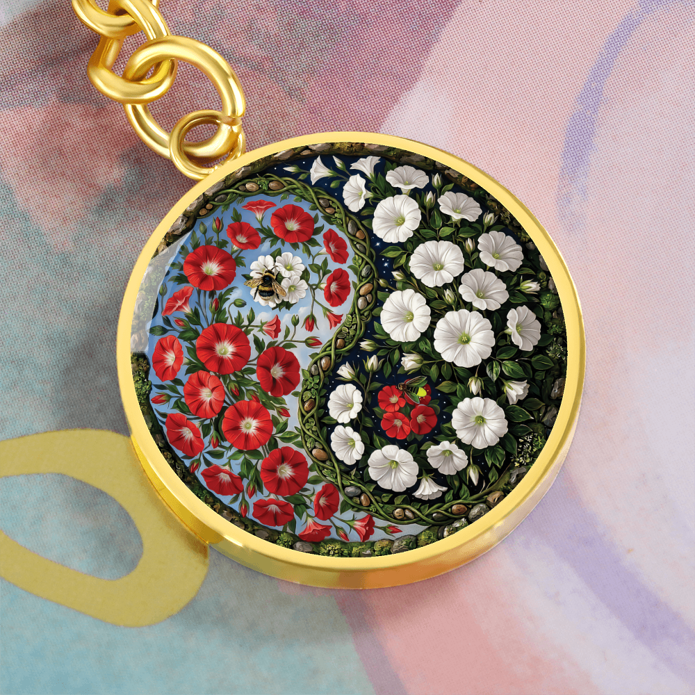 Red and White Morning Glory Yin Yang Keychain - September Birth Month Flower Pendant Jewelry