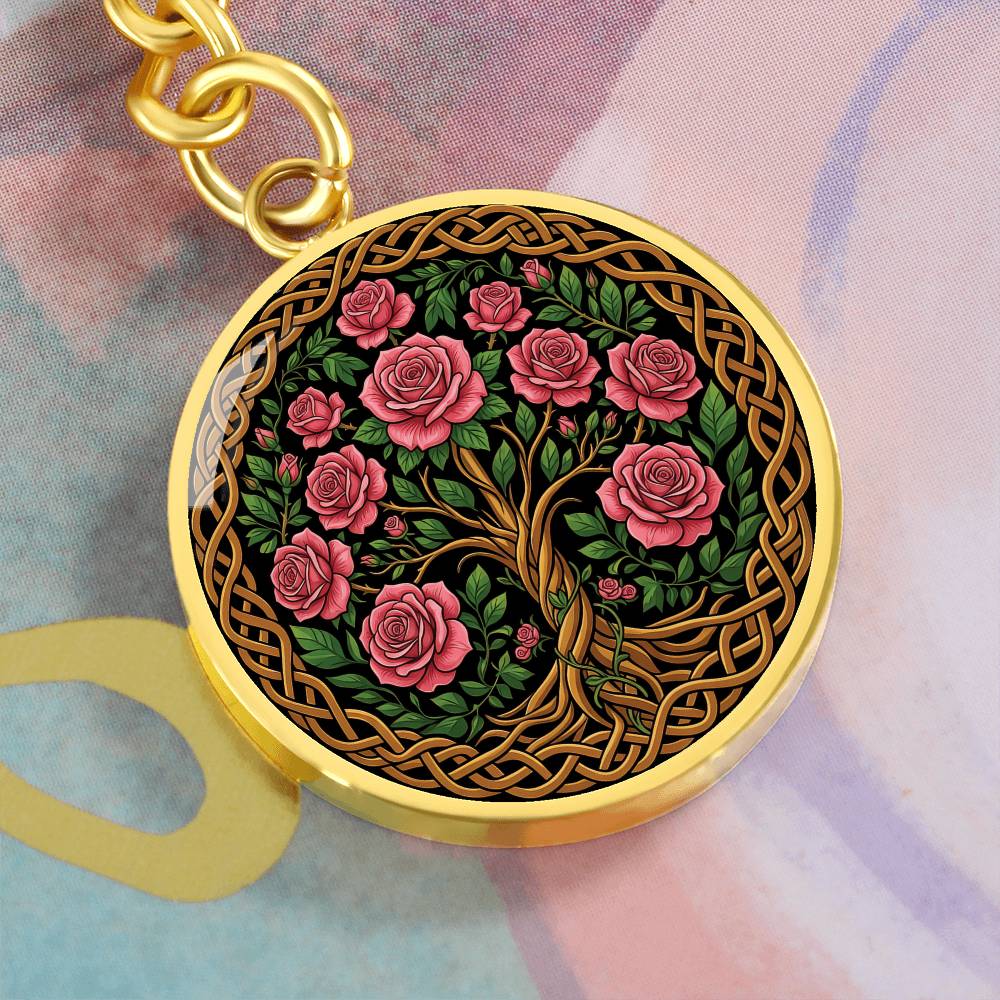 Celtic Tree of Life Pendant Keychain - Rose June Birth Flower Jewelry
