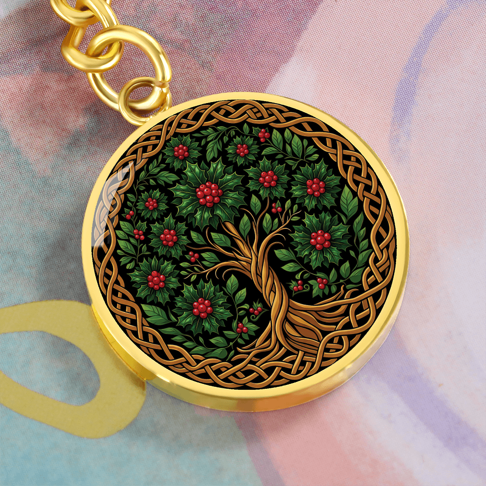 Celtic Tree of Life Pendant Keychain - Holly December Birth Flower Jewelry