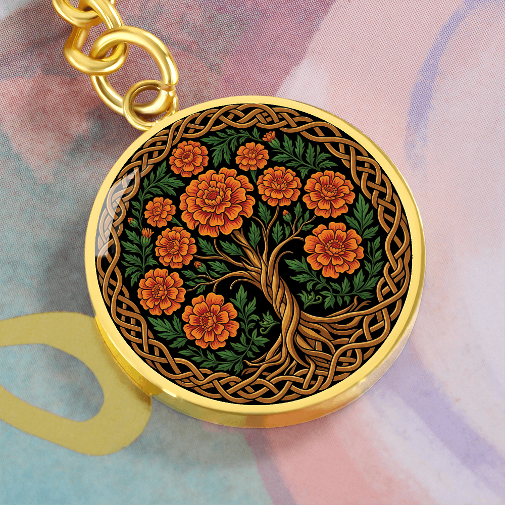 Celtic Tree of Life Pendant Keychain - Marigold October Birth Flower Jewelry