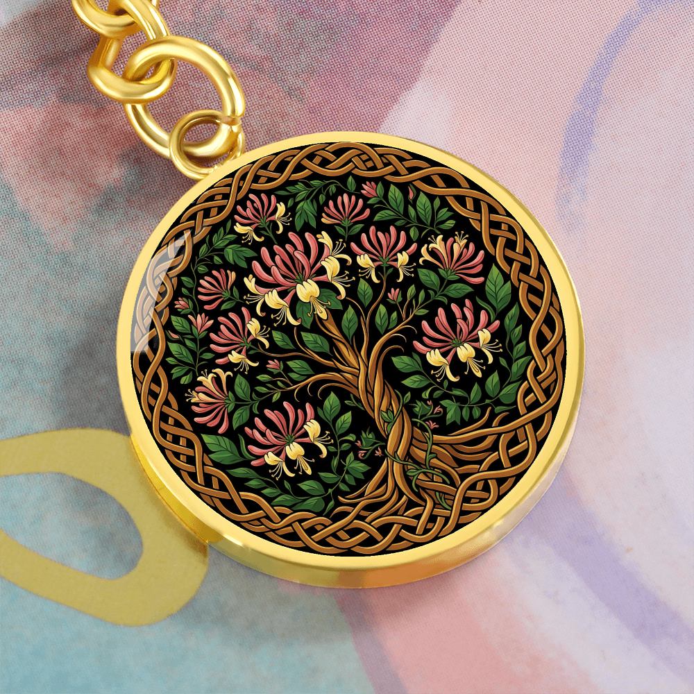 Celtic Tree of Life Pendant Keychain - Honeysuckle June Birth Flower Jewelry