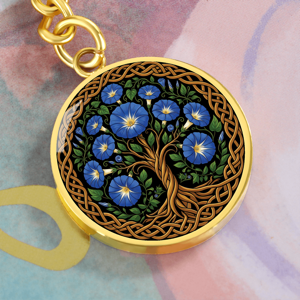 Celtic Tree of Life Pendant Keychain - Morning Glory September Birth Flower Jewelry