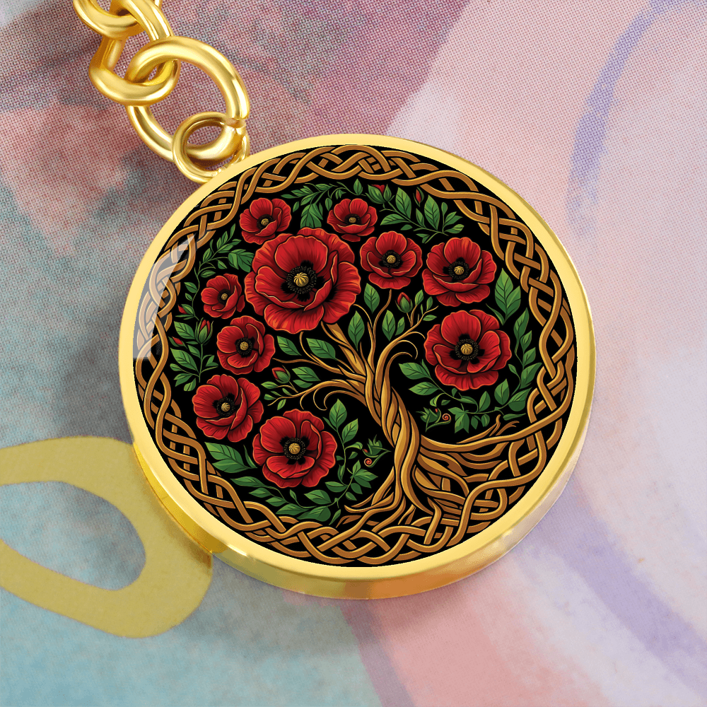 Celtic Tree of Life Pendant Keychain - Poppy August Birth Flower Jewelry
