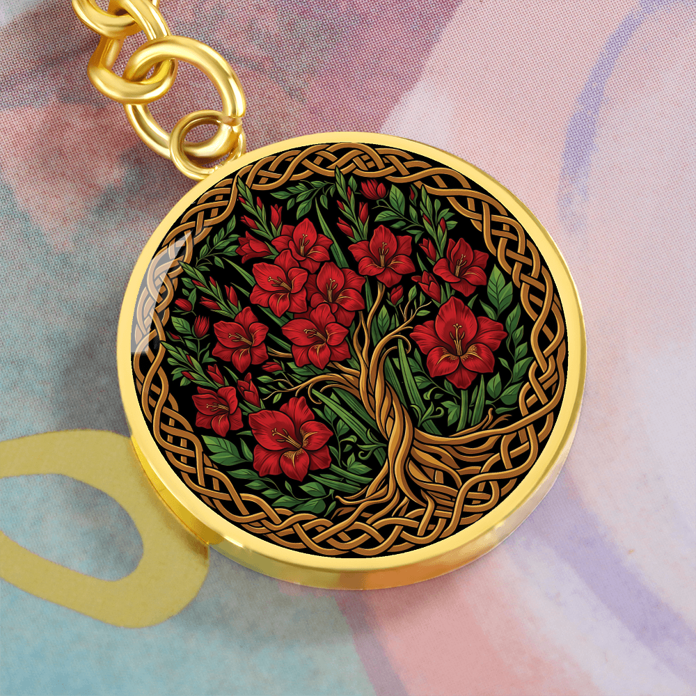 Celtic Tree of Life Pendant Keychain - Gladiolus August Birth Flower Jewelry