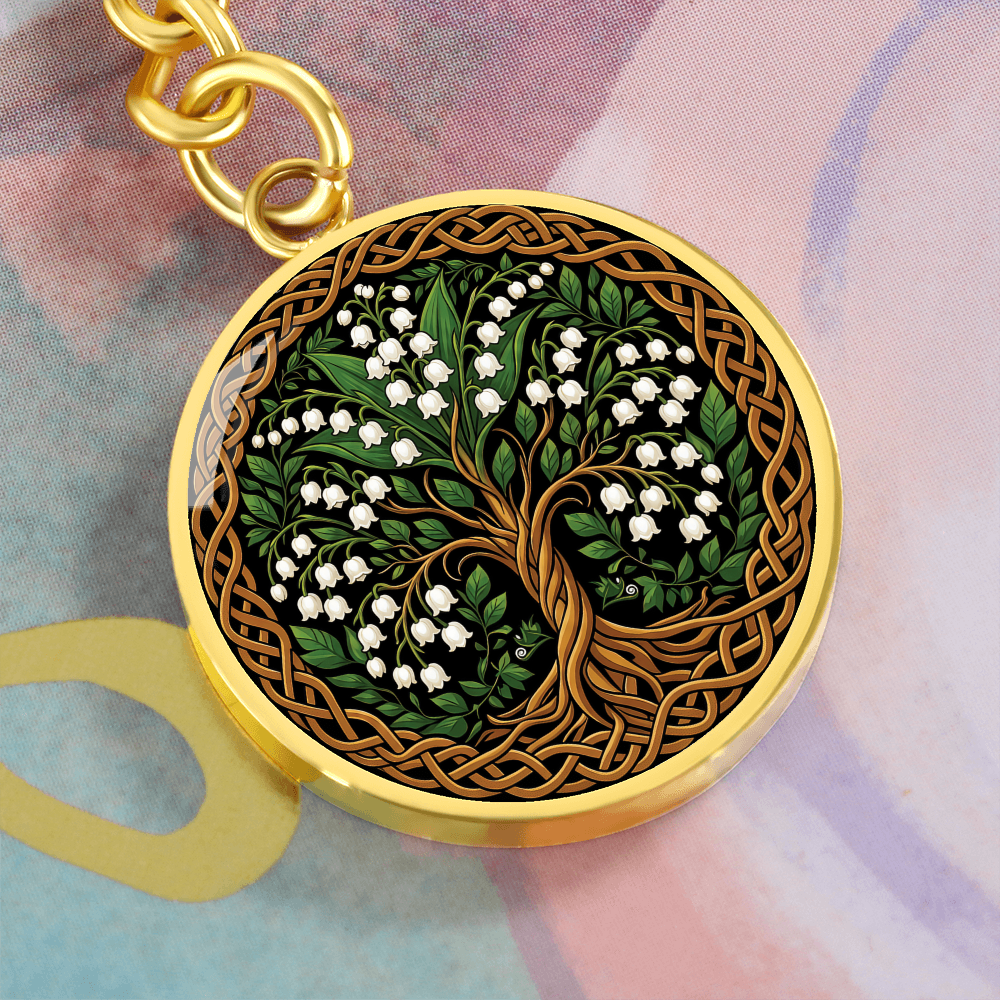 Celtic Tree of Life Pendant Keychain - Lily of the Valley May Birth Flower Jewelry