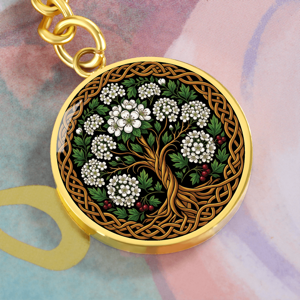 Celtic Tree of Life Pendant Keychain - Hawthorn May Birth Flower Jewelry