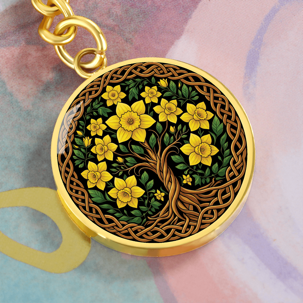 Celtic Tree of Life Pendant Keychain - Daffodil March Birth Flower Jewelry