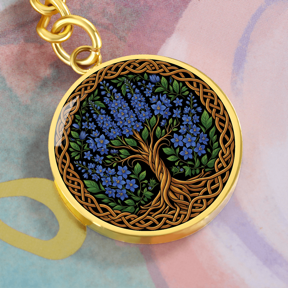 Celtic Tree of Life Pendant Keychain - Larkspur July Birth Flower Jewelry