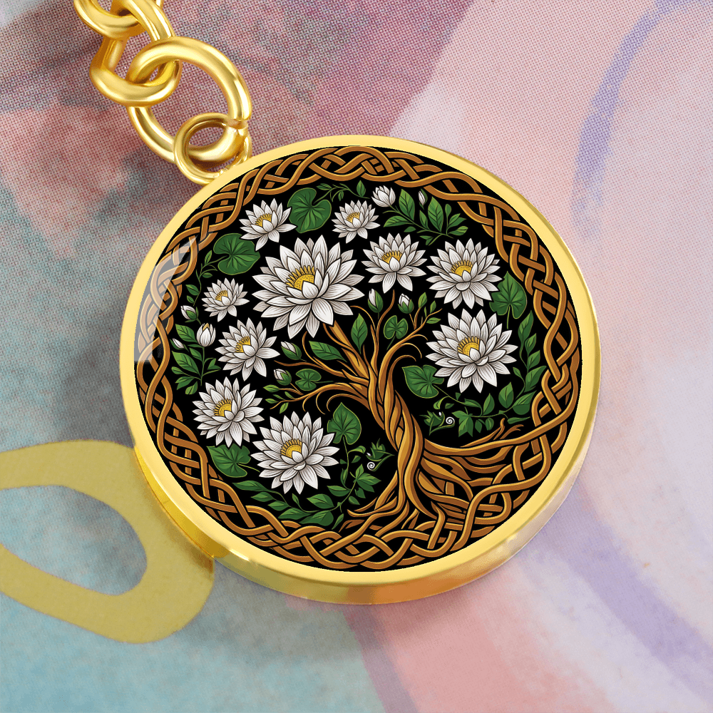 Celtic Tree of Life Pendant Keychain - Water Lily July Birth Flower Jewelry