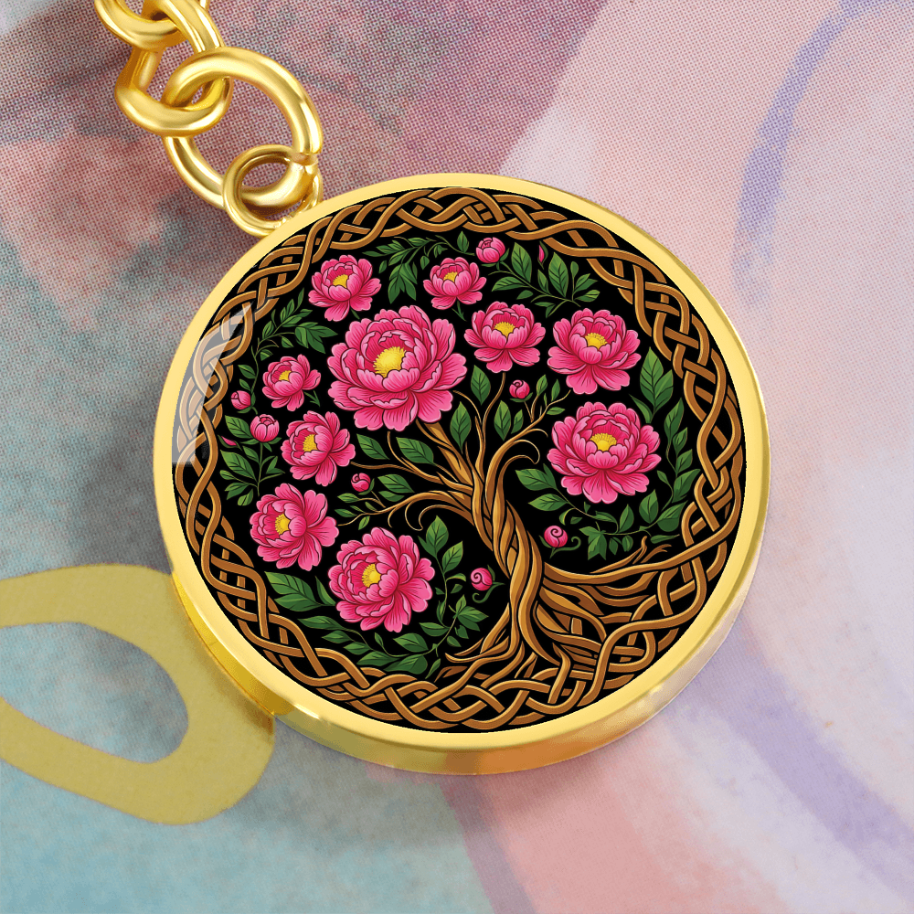 Celtic Tree of Life Pendant Keychain - Peony November Birth Flower Jewelry